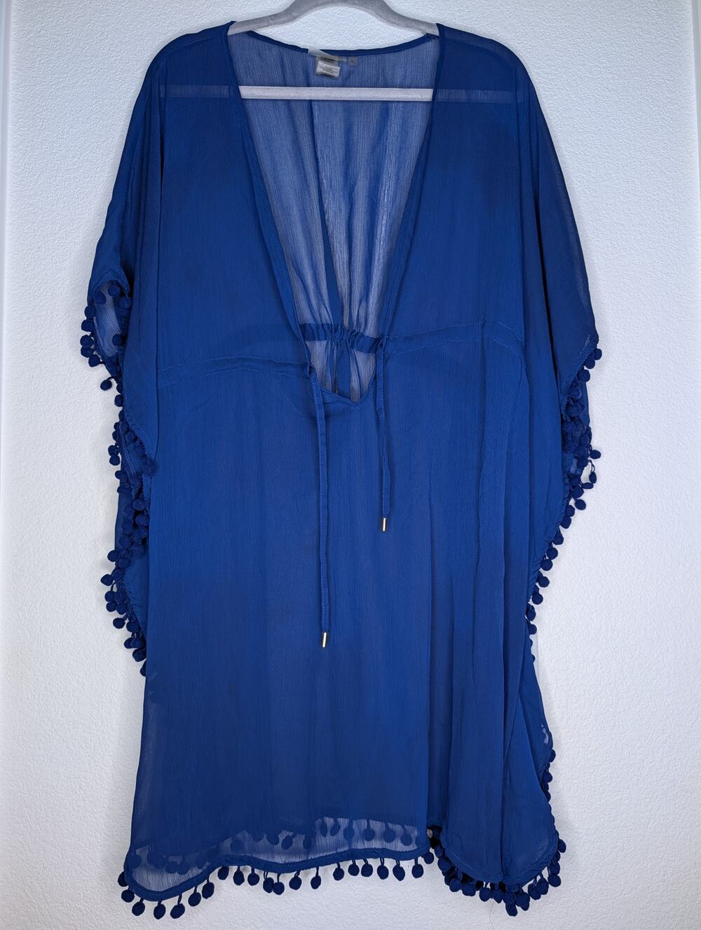 Beau Rod Beattie Blue Tassel Swimsuit Coverup L Boho Summer Travel Chic Sheer